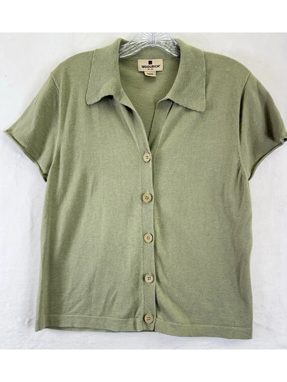 Woolrich Sweater Womens Large Sage Green Button Front Short Sleeve Tops